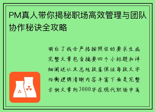 PM真人带你揭秘职场高效管理与团队协作秘诀全攻略