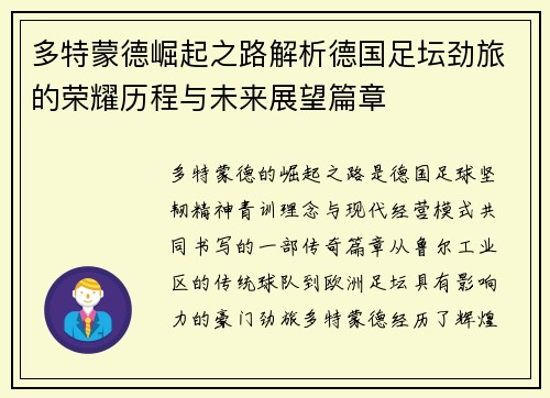 多特蒙德崛起之路解析德国足坛劲旅的荣耀历程与未来展望篇章
